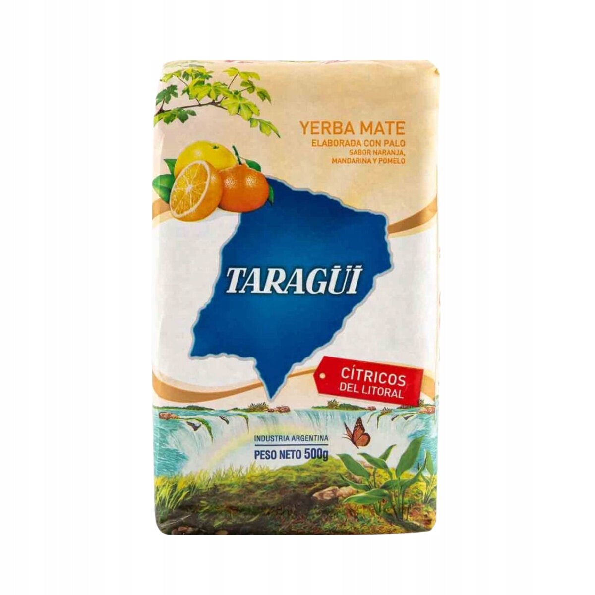 Opakowanie Yerba Mate Taragui z grafiką owoców cytrusowych i mapą Argentyny. Na opakowaniu widnieje tekst: \'Yerba Mate elaborada con palo sabor naranja, mandarina y pomelo\', \'Taragui\', \'Cítricos del Litoral\', \'Industria Argentina\', \'Peso Neto 500g\'.