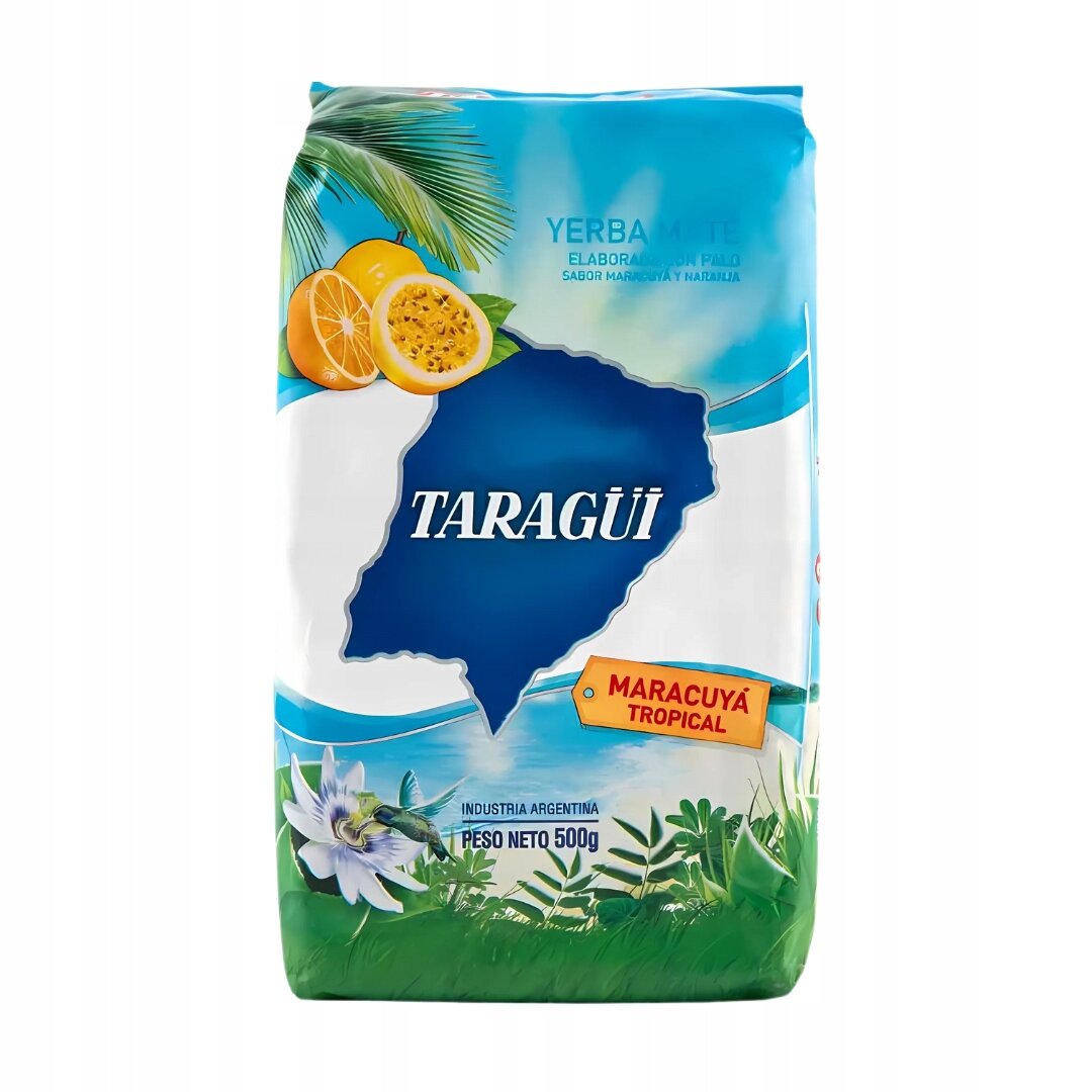 Opakowanie Yerba Mate Taragui Maracuya Tropical 500g z grafiką owoców marakui i pomarańczy oraz napisem \'TARAGÜI\'. Widoczny jest również napis \'INDUSTRIA ARGENTINA PESO NETO 500g\'.