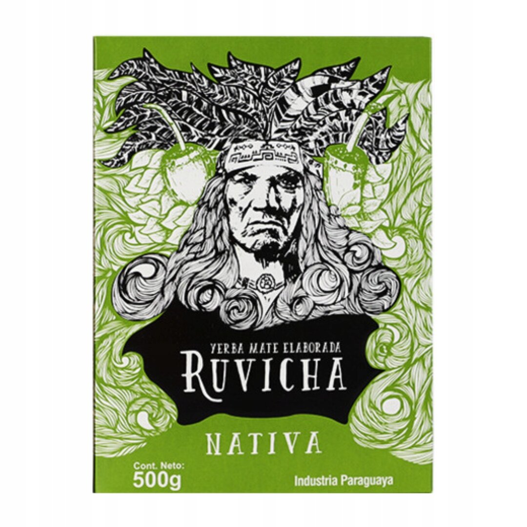 Opakowanie Yerba Mate Ruvicha Nativa 500g z ilustracją twarzy mężczyzny z liśćmi na głowie. Widoczny tekst: \'Yerba Mate Elaborada Ruvicha Nativa\', \'Cont. Neto: 500g\', \'Industria Paraguaya\'.