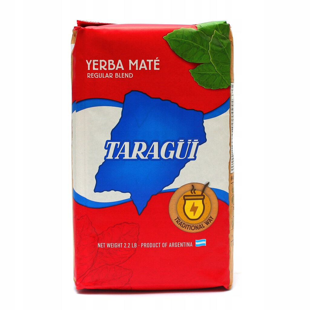 Opakowanie Yerba Mate Taragui z napisem \'YERBA MATÉ REGULAR BLEND\' oraz \'TARAGÜI\' na tle mapy. Na dole widnieje napis \'NET WEIGHT 2.2 LB - PRODUCT OF ARGENTINA\'.