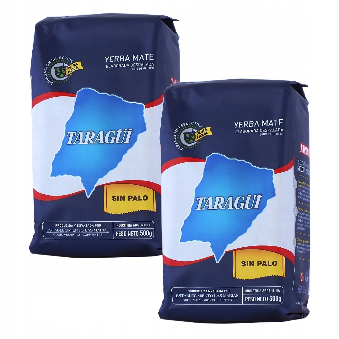 Dwa opakowania Yerba Mate Taragui Sin Palo Despalada, każde o wadze netto 500g, z niebieskim logo na białym tle i napisem \'SIN PALO\'.