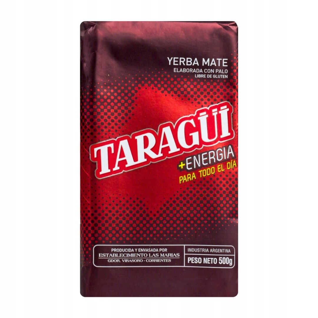 Opakowanie Yerba Mate TARAGUI ENERGIA Con Palo 500g w kolorze czerwonym z białym napisem \'TARAGUI\'. Na opakowaniu widnieje również tekst \'+ENERGIA PARA TODO EL DÍA\' oraz \'PESO NETO 500g\'.