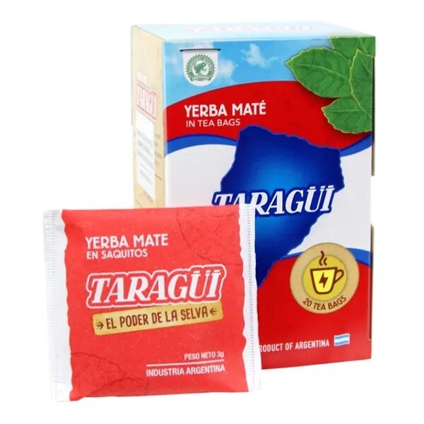 Opakowanie Yerba Mate Taragui w saszetkach ekspresowych z widocznym napisem \'TARAGÜI\' oraz grafiką liści. Na opakowaniu znajduje się informacja \'20 tea bags\' i \'Product of Argentina\'.