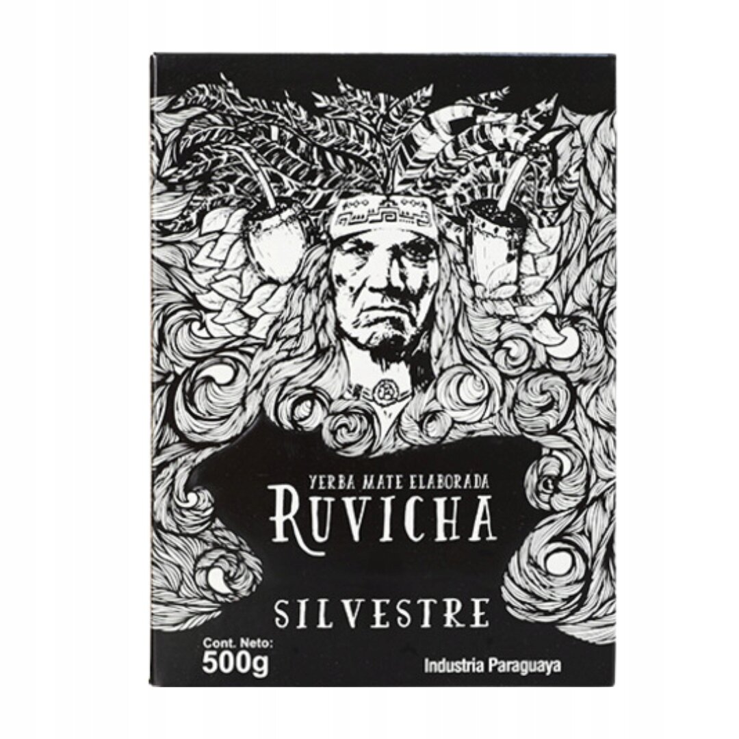 Opakowanie Yerba Mate Ruvicha Silvestre 500g z czarno-białą grafiką przedstawiającą twarz mężczyzny z liśćmi i owocami. Widoczny tekst: \'Yerba Mate Elaborada Ruvicha Silvestre Cont. Neto: 500g Industria Paraguaya\'.