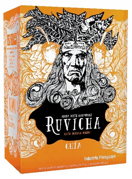 Opakowanie Yerba Mate Ruvicha Chia Menta Boldo 500g z ilustracją postaci z pióropuszem na tle pomarańczowych wzorów. Widoczny tekst: \'Ruvicha\', \'Chía\', \'Industria Paraguaya\'.