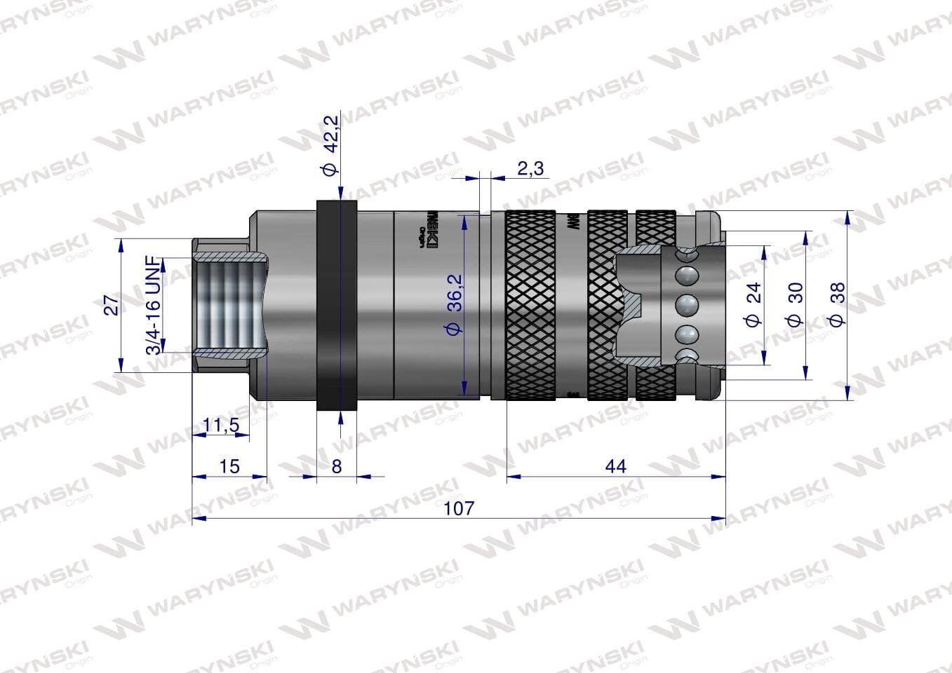 Rysunek techniczny przedstawiający szybkozłącze hydrauliczne z wymiarami w milimetrach. Widoczne są oznaczenia takie jak \'WARYŃSKI\' oraz \'34-16 UNF\'.