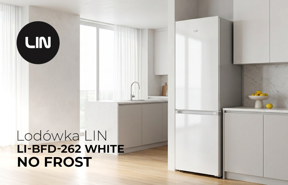 LODÓWKA LIN LI-BFD262 Biała lodówka LIN LI-BFD-262 WHITE ustawiona w jasnej kuchni z zabudową meblową. W lewym dolnym rogu widoczny jest napis „NO FROST”