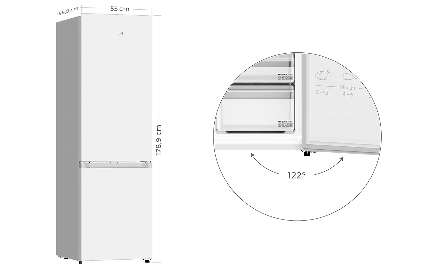 LODÓWKA LIN LI-BFD262 Grafika przedstawia lodówkę z podanymi wymiarami: 178,9 cm wysokości, 55,5 cm szerokości i 58,8 cm głębokości. Obok pokazano schemat otwierania drzwi pod kątem 122° pojemność 262 l chłodziarko zamrażarka wygodne przechowywanie żywności