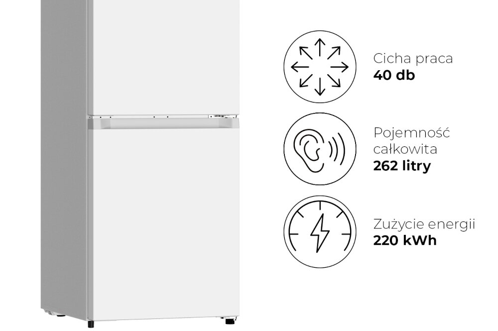 LODÓWKA LIN LI-BFD262 Biała lodówka pokazana z boku na jasnym tle. Po prawej stronie umieszczono ikony i parametry: 40 dB, pojemność całkowita 262 litry oraz zużycie energii 220 kWh