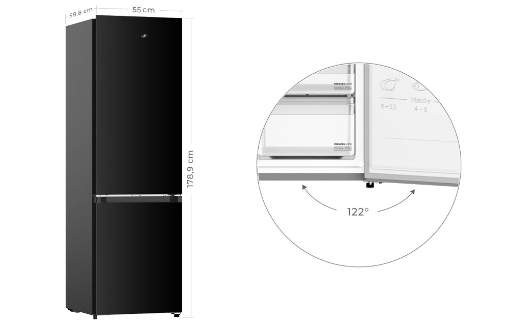LODÓWKA LIN LI-BFD262 Grafika przedstawia lodówkę z podanymi wymiarami: 178,9 cm wysokości, 55,5 cm szerokości i 58,8 cm głębokości. Obok pokazano schemat otwierania drzwi pod kątem 122° pojemność 262 l chłodziarko zamrażarka wygodne przechowywanie żywności