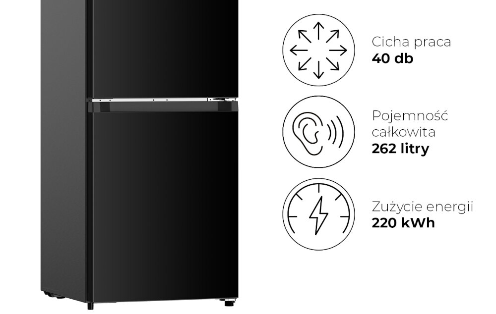 LODÓWKA LIN LI-BFD262 Czarna lodówka pokazana z boku na jasnym tle. Po prawej stronie umieszczono ikony i parametry: 40 dB, pojemność całkowita 262 litry oraz zużycie energii 220 kWh