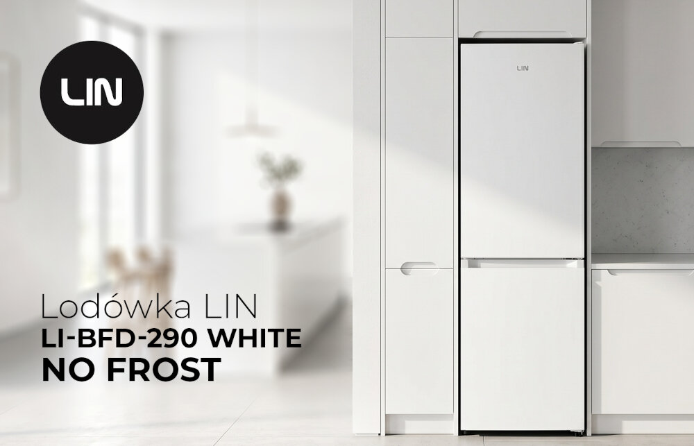 LODÓWKA LIN LI-BFD290 Biała lodówka LIN LI-BFD-290 ustawiona w jasnej kuchni z zabudową meblową. W lewym dolnym rogu widoczny jest napis „NO FROST”