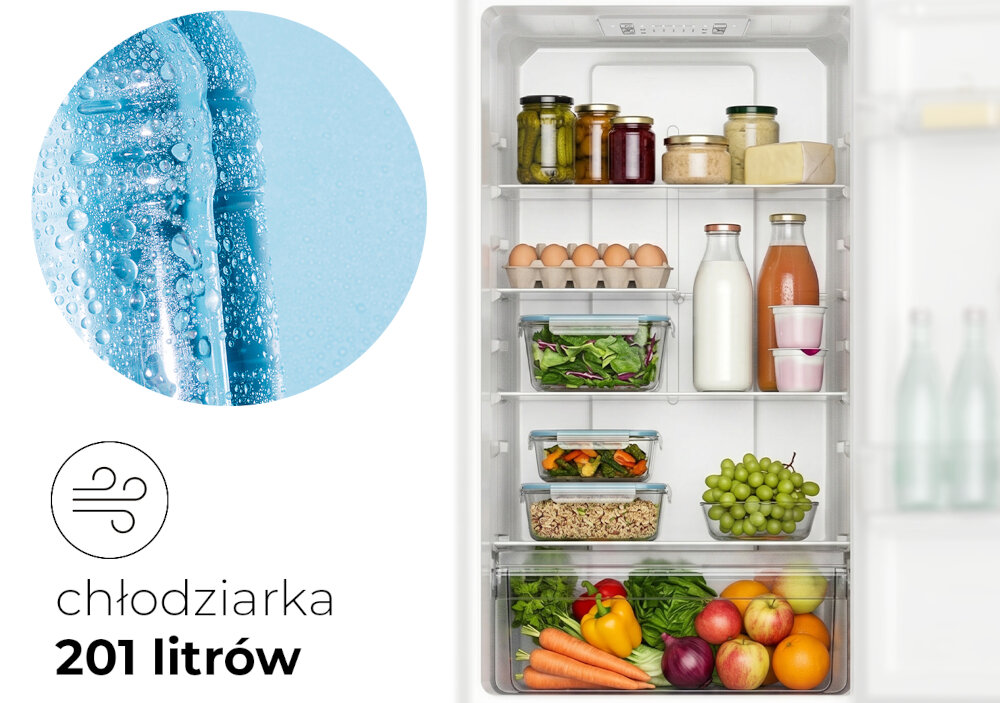 LODÓWKA LIN LI-BFD290 Otwarte wnętrze chłodziarki wypełnione warzywami, owocami, pojemnikami i nabiałem. Po lewej stronie znajduje się grafika z kroplami wody oraz napis „chłodziarka 201 litrów” chłodziarka 201 l 4 półki 3 balkoniki na drzwiach elektroniczny panel sterowania No Frost brak szronu bez rozmrażania ograniczenie zapachów Air Flow równomierna cyrkulacja powietrza świeżość produktów