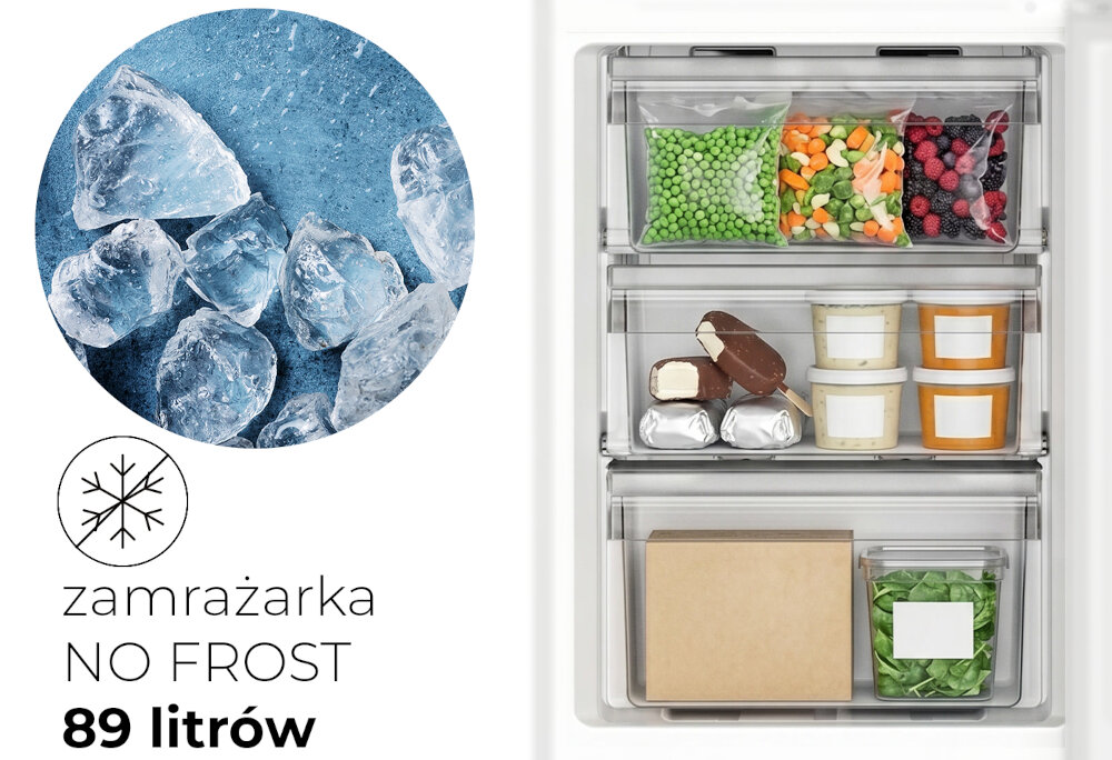 LODÓWKA LIN LI-BFD290 Wnętrze zamrażarki z trzema przezroczystymi szufladami wypełnionymi mrożonymi warzywami, owocami i lodami. Po lewej stronie widoczne jest zdjęcie kostek lodu oraz napis „zamrażarka NO FROST 89 litrów” zamrażarka 89 l dwie szuflady dodatkowa półka wygodna organizacja zdolność zamrażania 8 kg 24 h utrzymanie temperatury do 13 h