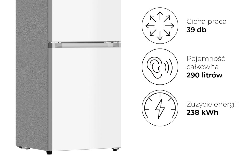 LODÓWKA LIN LI-BFD290 Biała lodówka pokazana z boku na jasnym tle. Po prawej stronie umieszczono ikony i parametry: 39 dB, pojemność całkowita 290 litry oraz zużycie energii 238 kWh