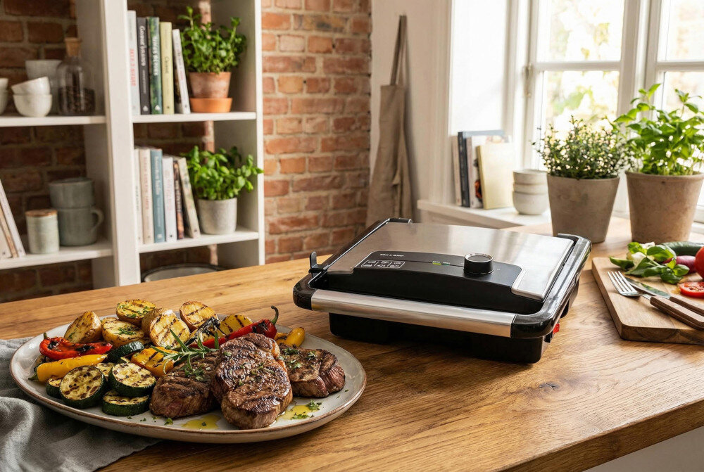 Na drewnianym blacie kuchennym znajduje się grill elektryczny oraz talerz z grillowanymi warzywami i mięsem. W tle widać półki z książkami i rośliny doniczkowe przy oknie.