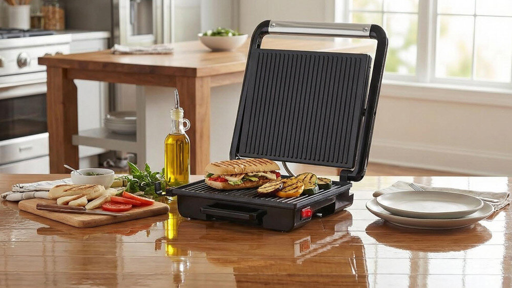 Na stole kuchennym znajduje się otwarty grill elektryczny z grillowanymi kanapkami i warzywami. Obok leży deska z pieczywem, pomidorami i oliwą, a w tle widać kuchnię z oknem.