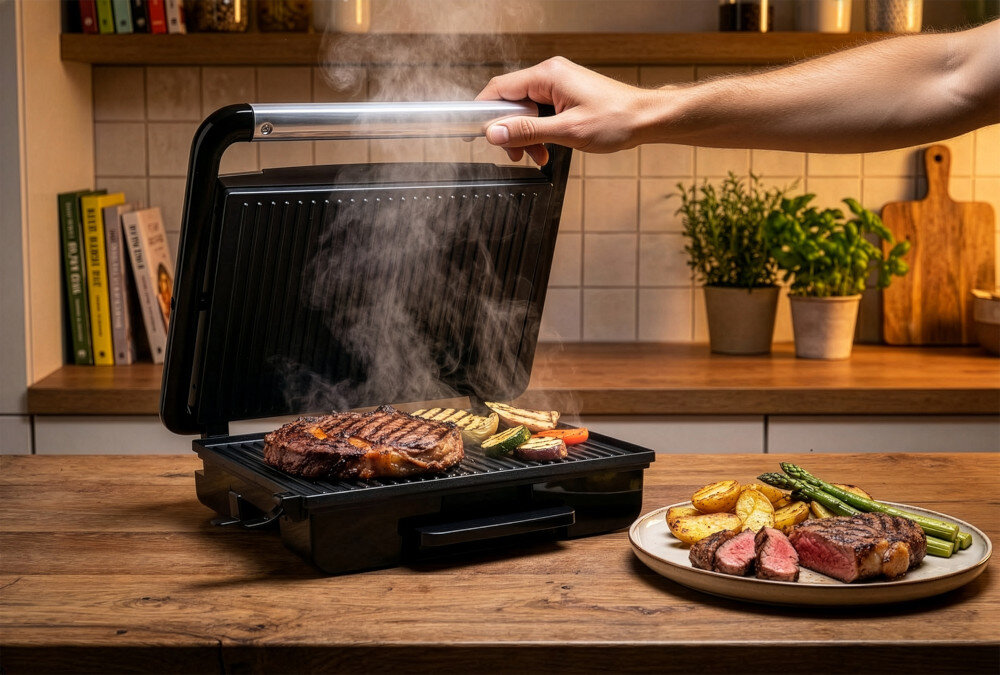 Na drewnianym blacie kuchennym znajduje się otwarty grill elektryczny z grillowanym mięsem i warzywami, z którego unosi się para. Obok na talerzu leży gotowe danie z mięsem, ziemniakami i szparagami.