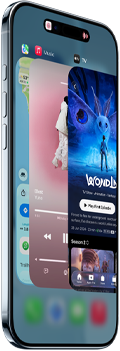 Smartfon z wyświetlonymi aplikacjami na ekranie, w tym mapy, muzyka i film. Na ekranie widoczny jest tekst: \'WONDL\'.