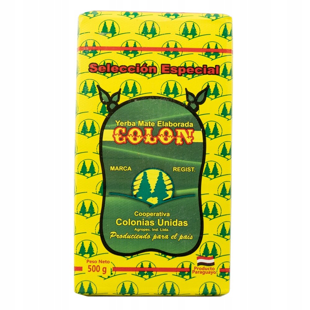 Opakowanie Yerba Mate Colon Seleccion Especial 500g z żółtym tłem i zielonymi elementami graficznymi, w tym logo z drzewami. Widoczny tekst: \'Yerba Mate Elaborada COLON\', \'Cooperativa Colonias Unidas\', \'Peso Neto 500 g\'.