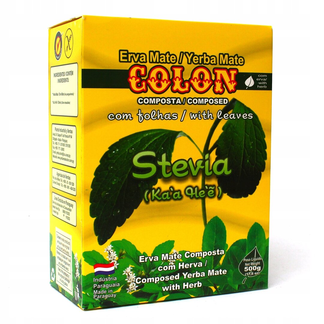 Opakowanie Yerba Mate Colon z napisem \'Stevia (Ka\'a He\'ẽ)\' na tle zielonych liści. Widoczny tekst: \'Erva Mate / Yerba Mate Colon Composta / Composed com folhas / with leaves\'.