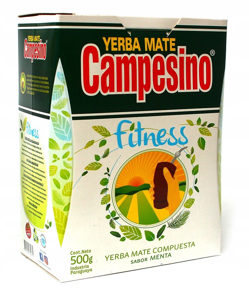 Opakowanie Yerba Mate Campesino Fitness Silueta 500g z napisem \'fitness\' i grafiką przedstawiającą krajobraz z zachodzącym słońcem. Na opakowaniu widnieje również tekst \'YERBA MATE COMPUESTA SABOR MENTA\'.