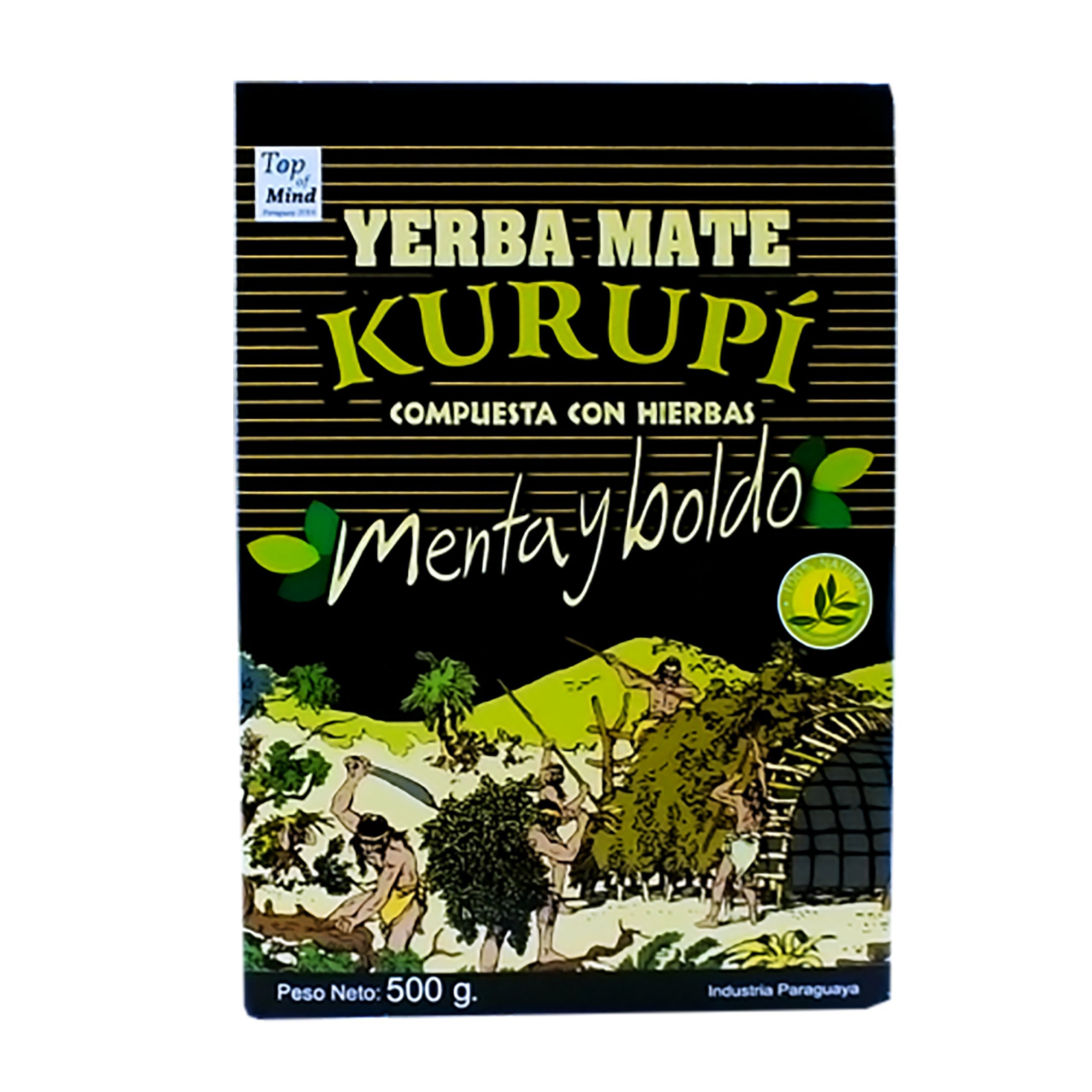 Opakowanie Yerba Mate Kurupi Menta y Boldo 500g z ilustracją ludzi zbierających liście oraz tekstem: \'YERBA-MATE KURUPI, COMPUESTA CON HIERBAS, menta y boldo\'.