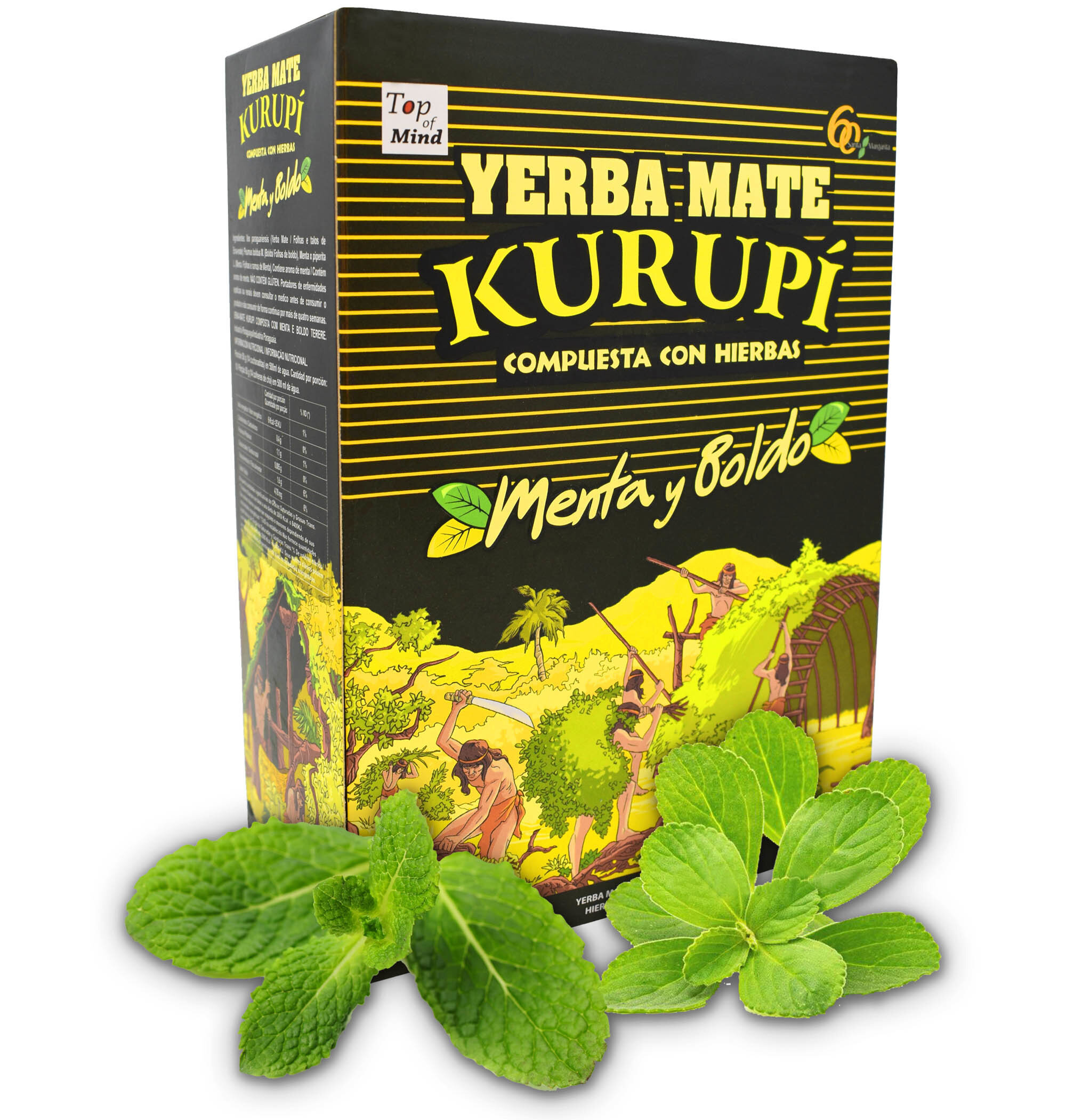 Opakowanie Yerba Mate Kurupi Menta y Boldo 0,5kg z widocznym napisem \'Top of Mind\' oraz ilustracją przedstawiającą ludzi i roślinność. Przed opakowaniem znajdują się świeże liście mięty.