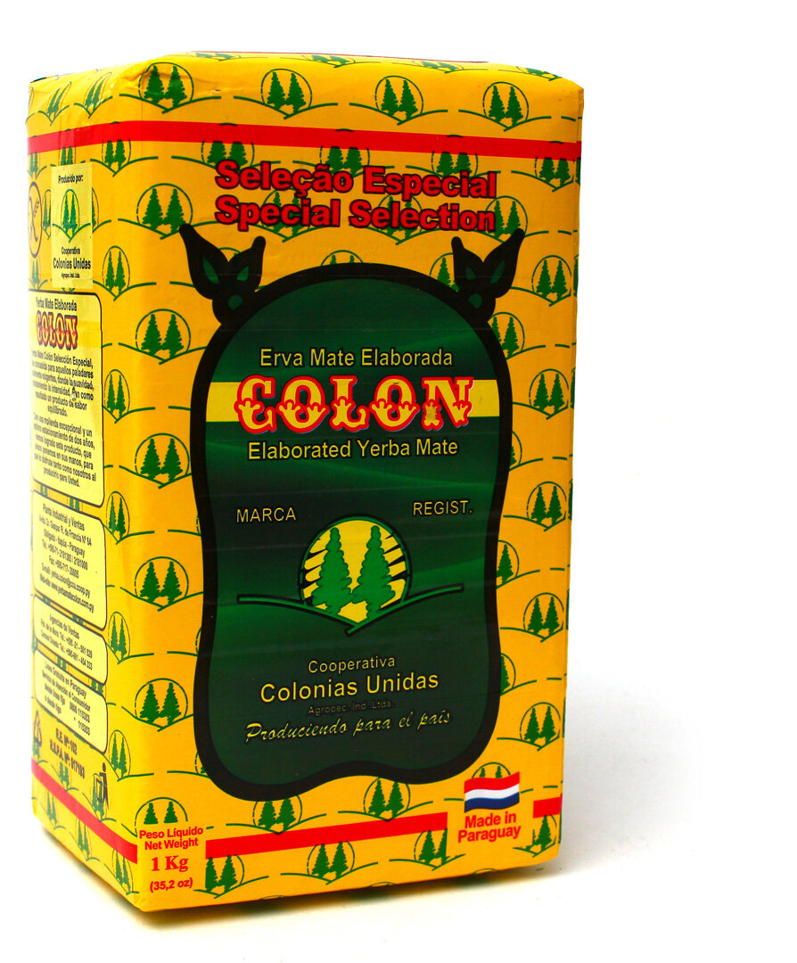 Opakowanie Yerba Mate Colon Seleccion Especial 1kg z żółtym tłem i zielonymi wzorami drzew. Na opakowaniu widoczny jest tekst: \'Seleção Especial Special Selection\', \'Erva Mate Elaborada COLON Elaborated Yerba Mate\', \'Cooperativa Colonias Unidas\', \'Made in Paraguay\'.