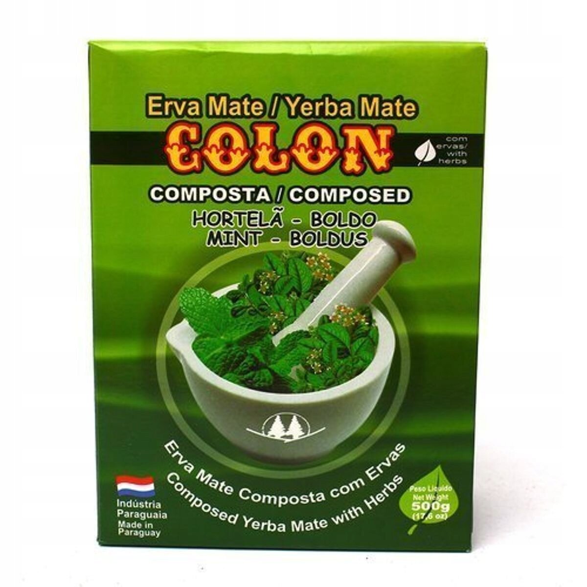 Opakowanie Yerba Mate Colon Compuesta MENTA BOLDO 500g z zielonym tłem i grafiką moździerza z liśćmi. Widoczny tekst: \'Erva Mate / Yerba Mate COLON COMPOSTA / COMPOSED HORTELÃ - BOLDO MINT - BOLDUS\'.