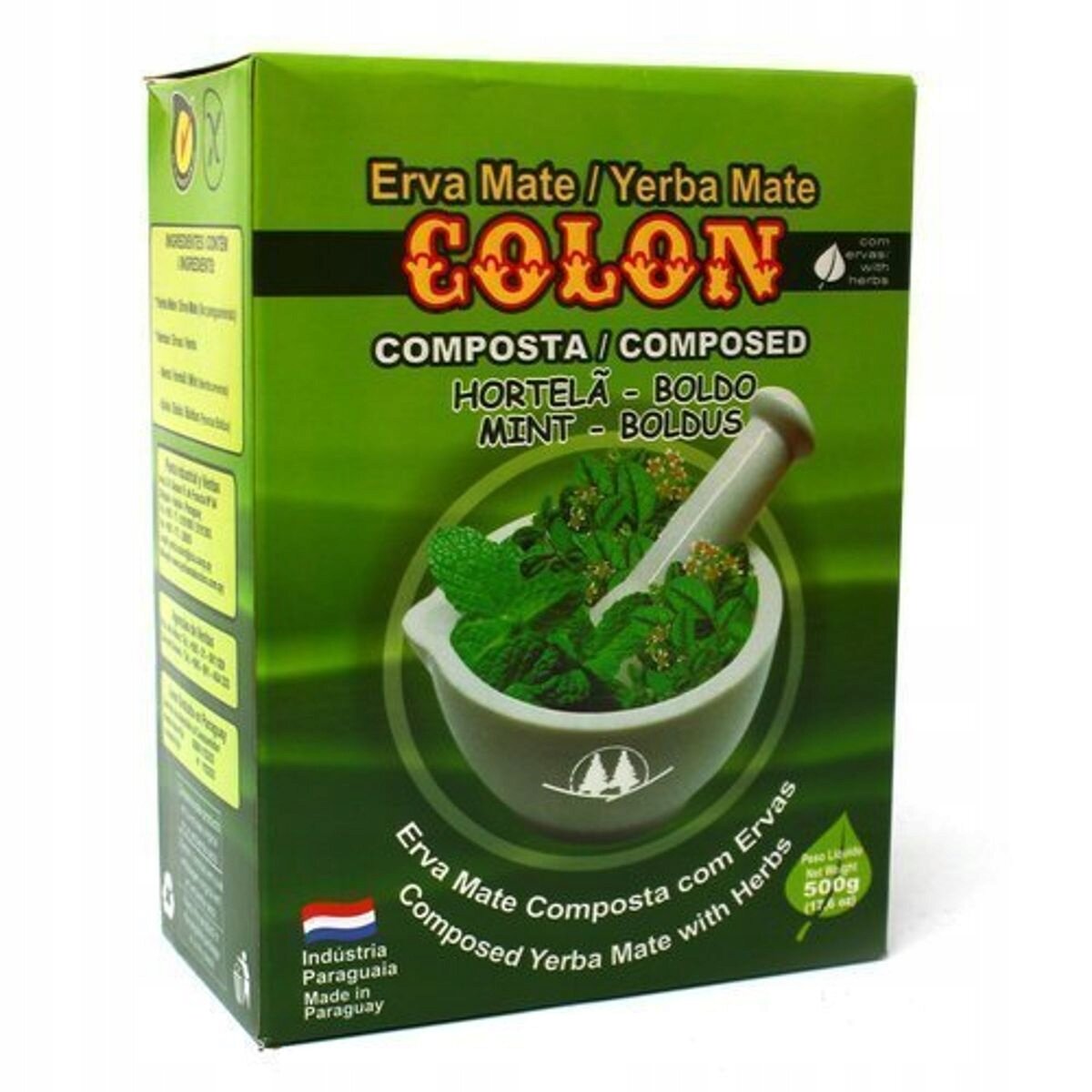 Opakowanie Yerba Mate Colon Compuesta MENTA BOLDO 500g z zielonym tłem i ilustracją moździerza z ziołami. Widoczny tekst: \'Erva Mate / Yerba Mate COLON COMPOSTA / COMPOSED HORTELÃ - BOLDO MINT - BOLDUS\'.