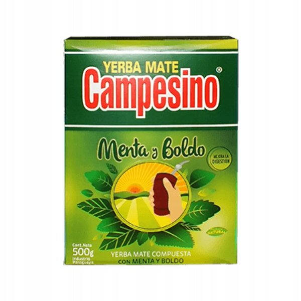Opakowanie Yerba Mate Campesino Menta y Boldo 500g z zielonym tłem i grafiką liści oraz ręki trzymającej naczynie. Widoczny tekst: \'Yerba Mate Campesino\', \'Menta y Boldo\', \'Mejora la digestion\', \'Cont. Neto 500g\', \'Yerba Mate Compuesta con Menta y Boldo\'.