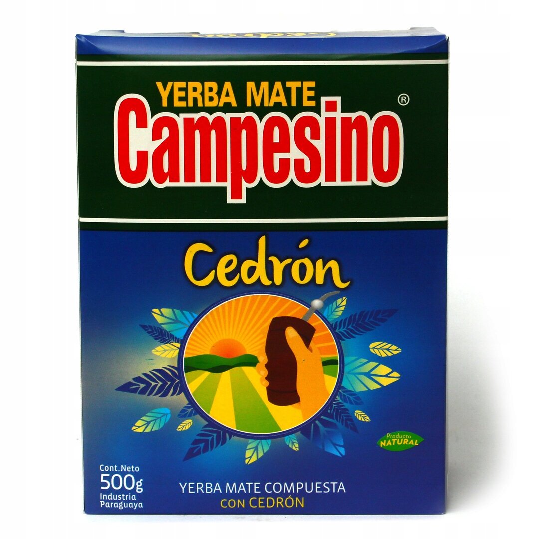 Opakowanie Yerba Mate Campesino Cedrón o pojemności 500g z grafiką przedstawiającą rękę trzymającą naczynie na tle krajobrazu z zachodzącym słońcem. Na opakowaniu widnieje napis \'Yerba Mate Campesino Cedrón\'.