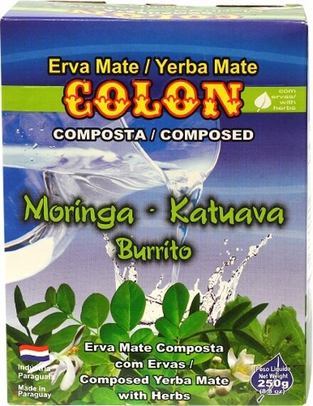 Opakowanie Yerba Mate Colon z napisem \'Moringa - Katuava Burrito\' oraz grafiką liści i wody. Widoczne są również napisy \'Erva Mate / Yerba Mate\', \'Composta / Composed\' i \'Peso Liquido Net Weight 250g\'.