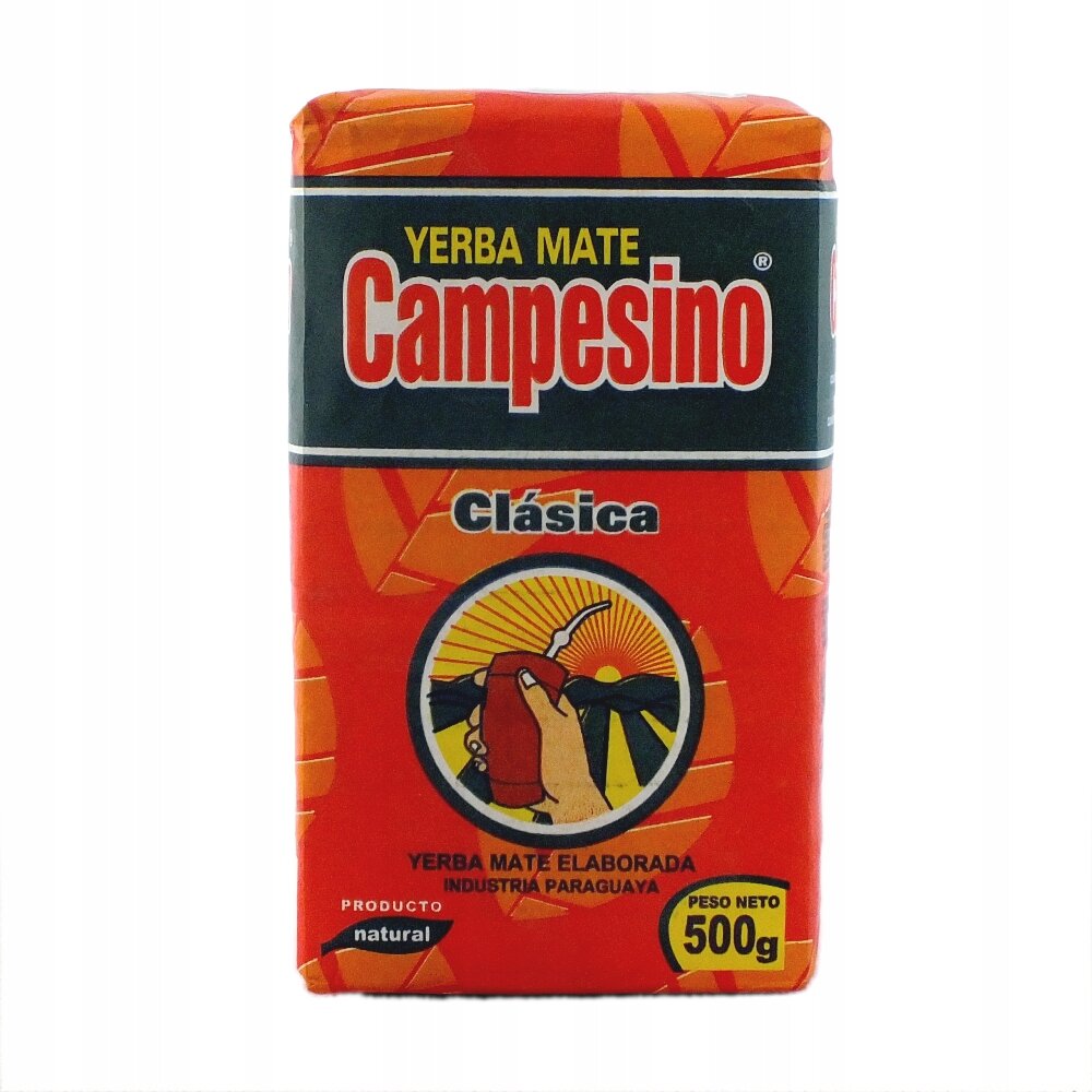 Opakowanie Yerba Mate Campesino Clásica 500g z czerwonym tłem i grafiką przedstawiającą rękę trzymającą naczynie z napojem. Na opakowaniu widnieje tekst: \'Yerba Mate Campesino Clásica, Yerba Mate Elaborada Industria Paraguaya, Producto natural, Peso Neto 500g\'.