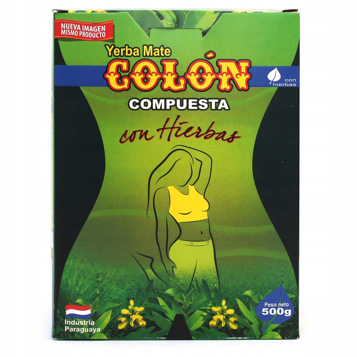 Opakowanie Yerba Mate Colon Compuesta con Hierbas o wadze netto 500 g, z ilustracją sylwetki kobiety na tle zieleni. Widoczne są napisy: \'Nueva Imagen Mismo Producto\', \'Industria Paraguaya\'.
