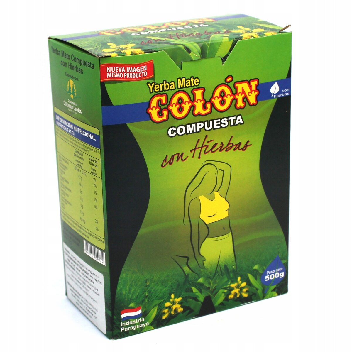 Opakowanie Yerba Mate Colon Compuesta con Hierbas o wadze 500 g z zielonym tłem i grafiką sylwetki kobiety. Na opakowaniu widoczny jest tekst \'Nueva Imagen Mismo Producto\' oraz \'Industria Paraguaya\'.