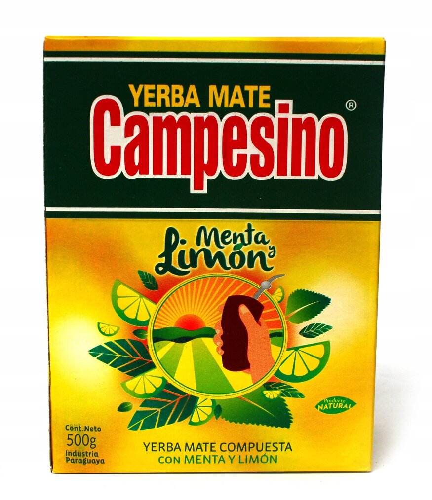 Opakowanie Yerba Mate Campesino Menta Limon 500g z grafiką przedstawiającą liście, plasterki cytryny i rękę trzymającą naczynie. Widoczny tekst: \'Yerba Mate Campesino\', \'Menta y Limón\', \'Cont. Neto 500g\', \'Industria Paraguaya\', \'Yerba Mate Compuesta con Menta y Limón\', \'Producto Natural\'.
