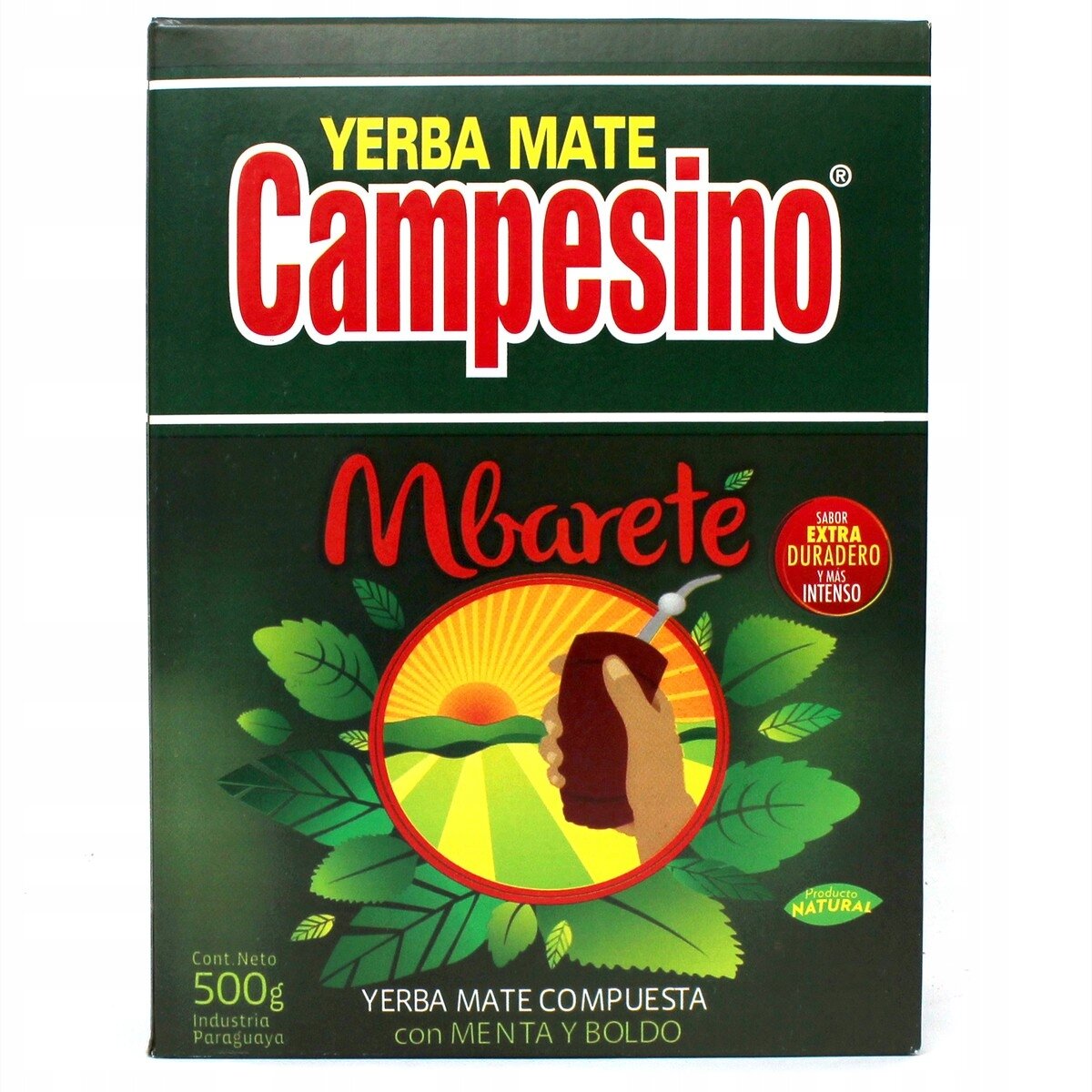 Opakowanie Yerba Mate Campesino Mbarete z napisem \'YERBA MATE COMPUSESTA con MENTA Y BOLDO\'. Widoczne są grafiki liści oraz ręki trzymającej naczynie do picia yerba mate.