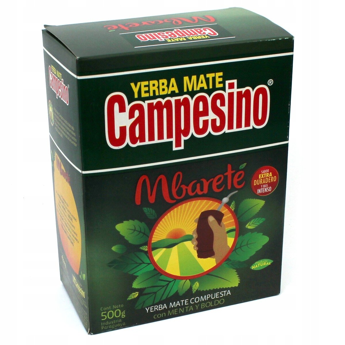 Opakowanie Yerba Mate Campesino Mbarete z napisem \'YERBA MATE COMUESTA con MENTA y BOLDO\'. Na opakowaniu widoczna jest grafika przedstawiająca rękę trzymającą naczynie z napojem oraz liście i słońce w tle.