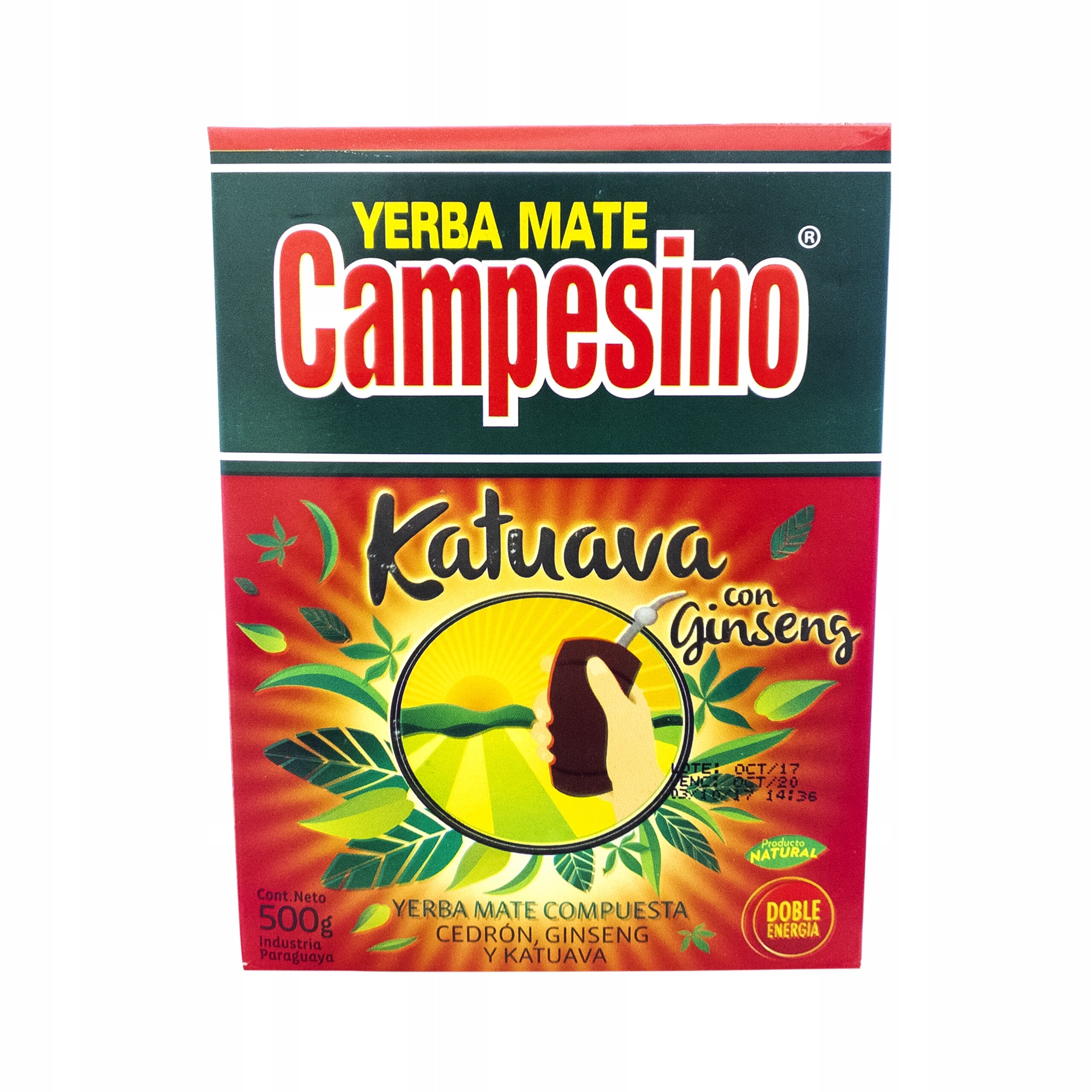 Opakowanie Yerba Mate Campesino Katuava con Ginseng 500g z kolorową grafiką przedstawiającą liście i rękę trzymającą naczynie. Widoczny tekst: \'Yerba Mate Compuesta Cedrón, Ginseng y Katuava\'.