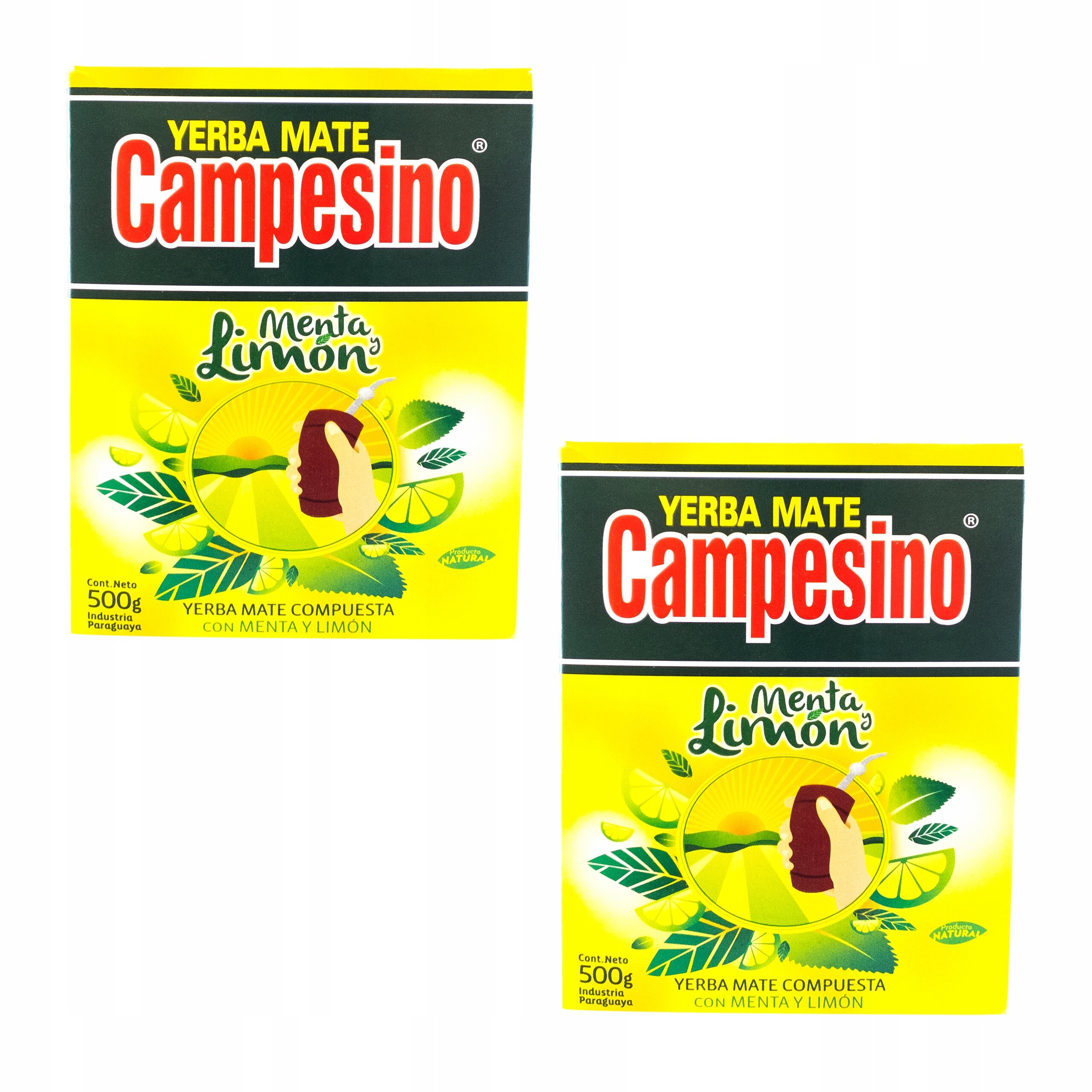Dwa opakowania Yerba Mate Campesino Menta Limon o pojemności 500g każde, z grafiką przedstawiającą liście i cytryny na żółtym tle. Na opakowaniach widnieje tekst: \'Yerba Mate Campesino\', \'Menta Limon\', \'Yerba Mate Compuesta con Menta y Limon\'.