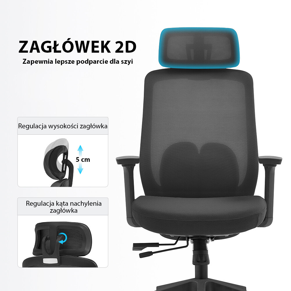 Obraz przedstawia czarny fotel biurowy z zagłówkiem 2D, który zapewnia lepsze podparcie dla szyi. Widoczne są także informacje o regulacji wysokości zagłówka o 5 cm oraz kąta nachylenia zagłówka.