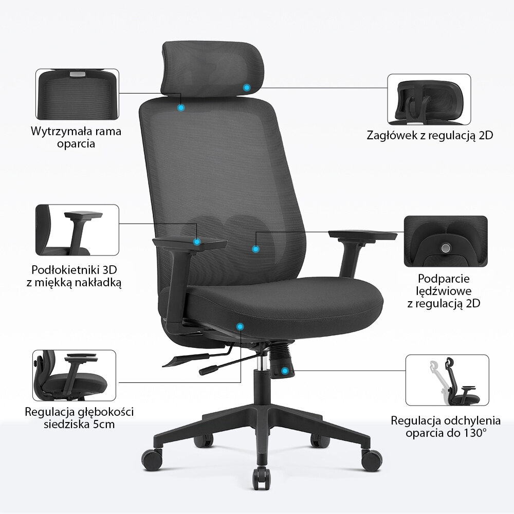Czarny fotel biurowy ergonomiczny z regulowanym zagłówkiem 2D, podłokietnikami 3D i podparciem lędźwiowym 2D. Posiada regulację głębokości siedziska o 5 cm oraz odchylenie oparcia do 130 stopni.