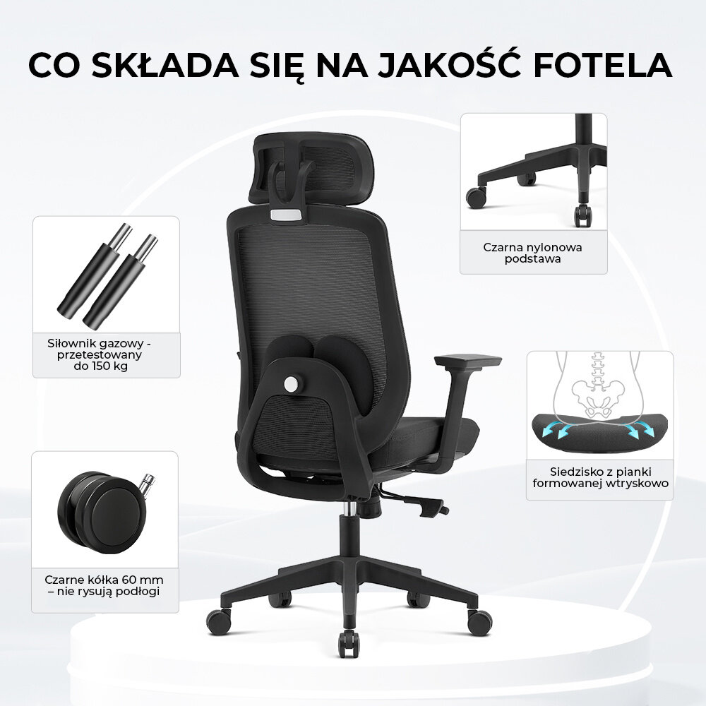 Obraz przedstawia czarny fotel biurowy z zagłówkiem i podłokietnikami, z opisem jego cech: siłownik gazowy przetestowany do 150 kg, czarna nylonowa podstawa, czarne kółka 60 mm nie rysujące podłogi, siedzisko z pianki formowanej wtryskowo. Na górze widoczny jest tekst: \'CO SKŁADA SIĘ NA JAKOŚĆ FOTELA\'.