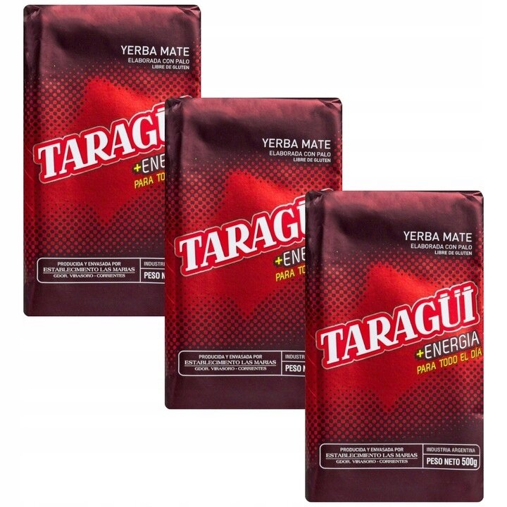 Trzy opakowania Yerba Mate Taragui Energia, każde o wadze netto 500g, z czerwonym tłem i białym napisem \'TARAGUI +ENERGIA PARA TODO EL DIA\'.