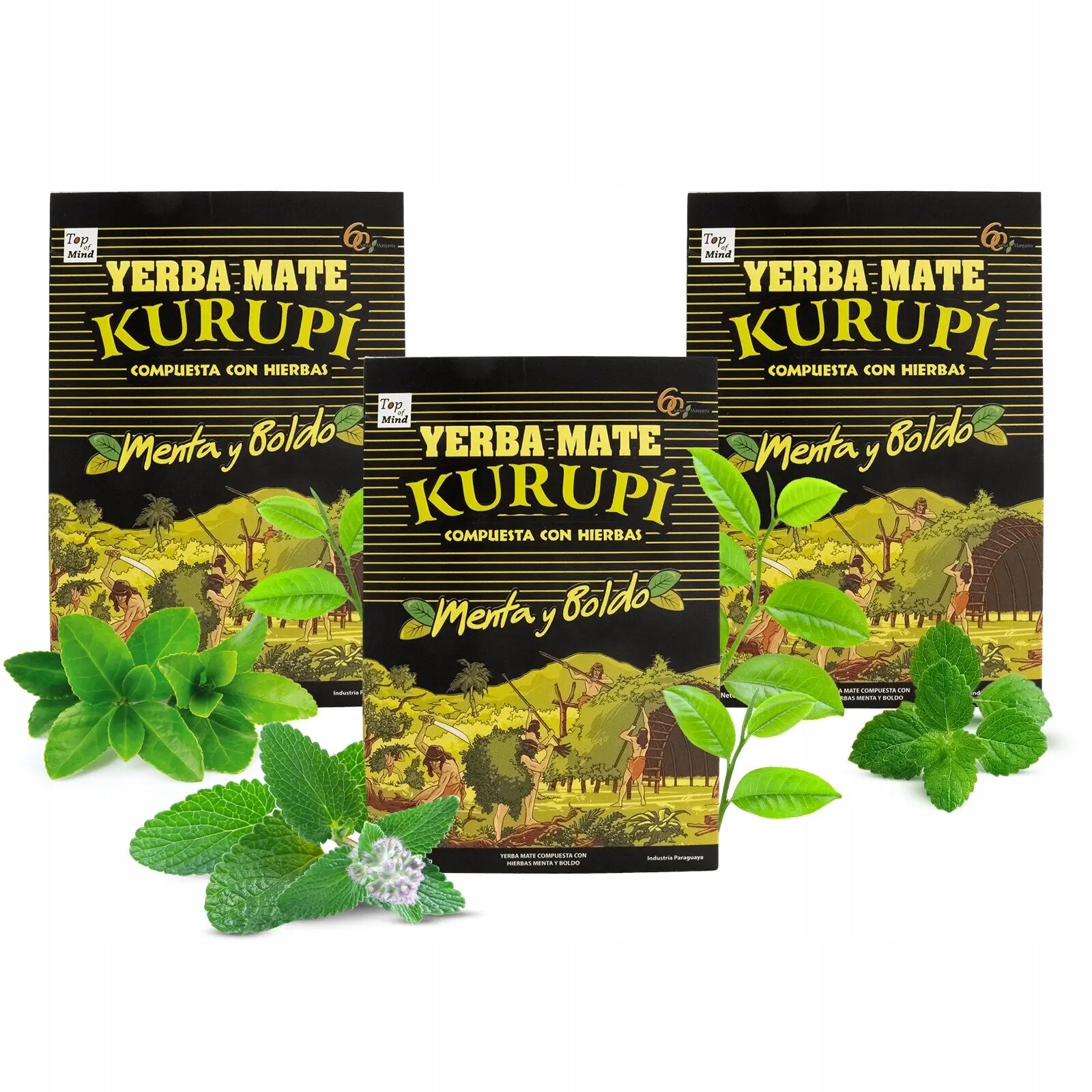 Na obrazie widoczne są trzy opakowania Yerba Mate Kurupi Menta y Boldo z grafiką przedstawiającą krajobraz i postacie. Wokół opakowań znajdują się zielone liście mięty i boldo.