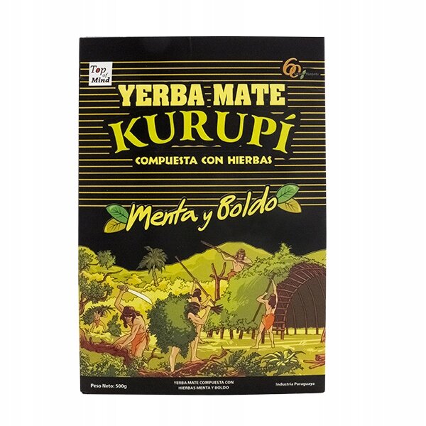 Opakowanie Yerba Mate Kurupi z napisem \'Menta y Boldo\' oraz ilustracją przedstawiającą ludzi w otoczeniu roślinności. Widoczny jest również napis \'Top Mind\' i informacja \'Peso Neto: 500g\'.