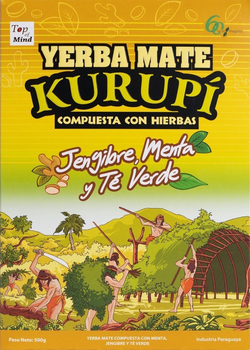 Opakowanie Yerba Mate Kurupi z napisem \'Jengibre, Menta y Té Verde\' oraz ilustracją ludzi zbierających liście w tropikalnym otoczeniu. Na górze widnieje napis \'Top of Mind\' i logo 60 lat, a na dole informacja \'Peso Neto: 500g\'.
