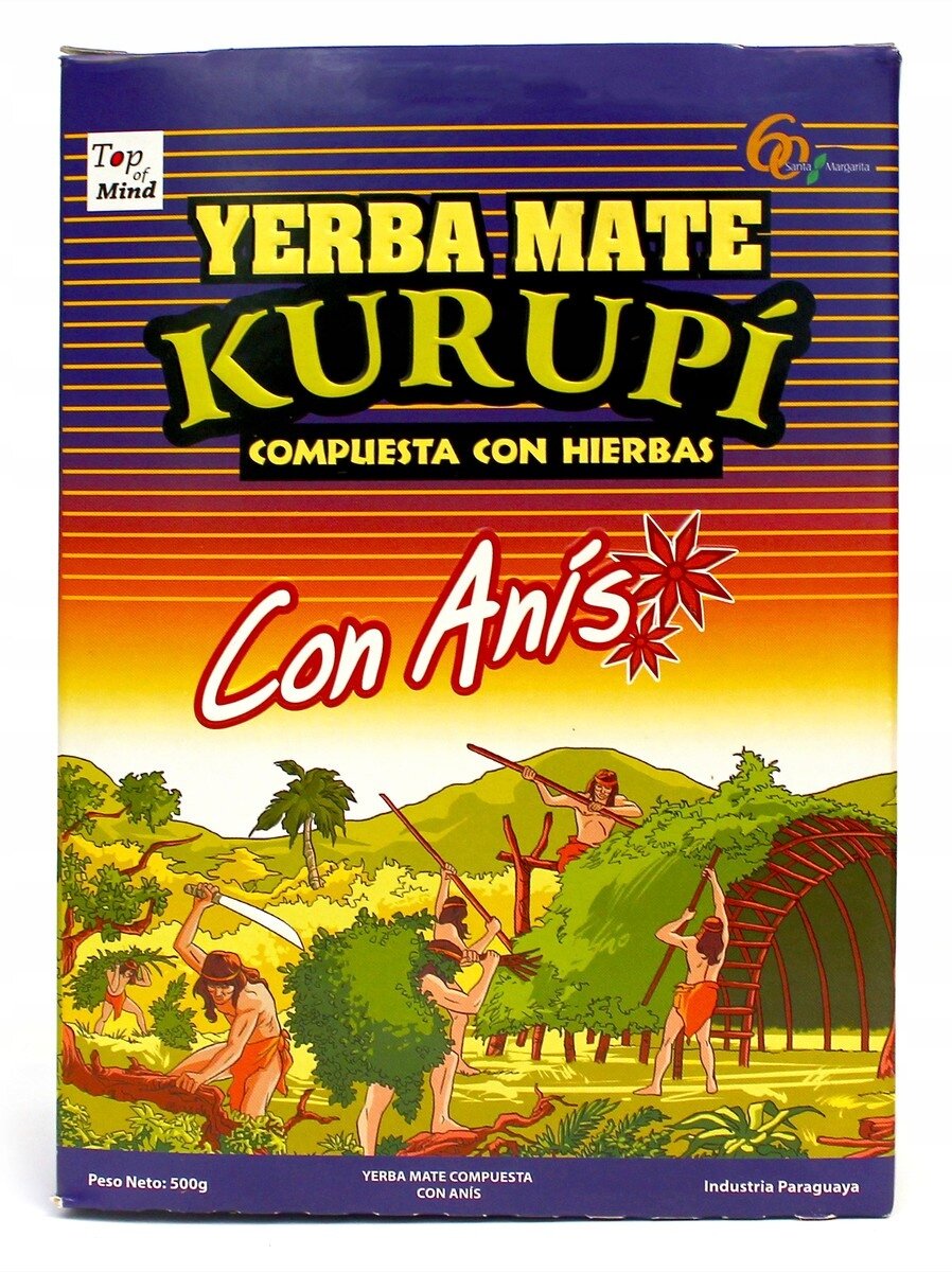 Opakowanie Yerba Mate Kurupi Compuesta con Hierbas z napisem \'Con Anís\'. Na tle krajobrazu z ludźmi zbierającymi liście, widnieje tekst \'Peso Neto: 500g Yerba Mate Compuesta Con Anís Industria Paraguaya\'.